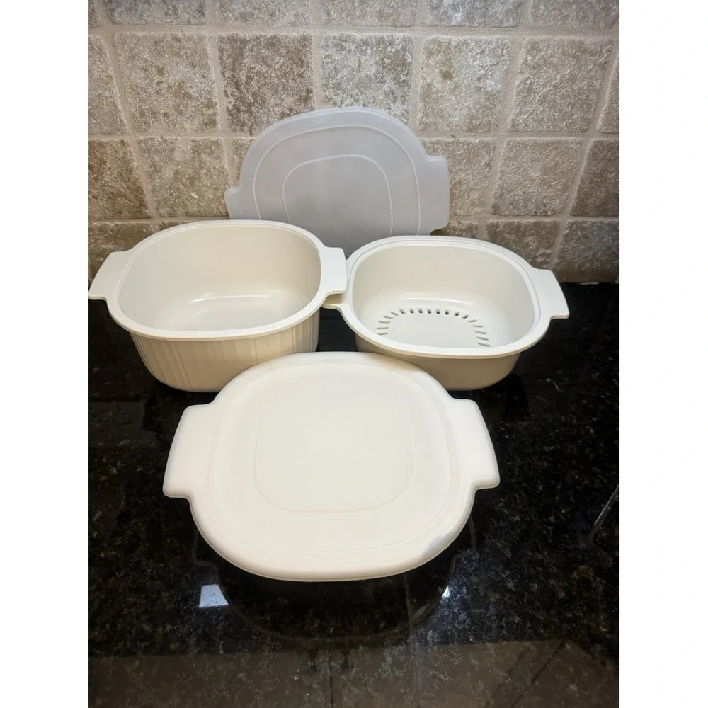Vtg RUBBERMAID Microwave Cookware‎ 5 piece SET With Lids Beige Almond Steamer